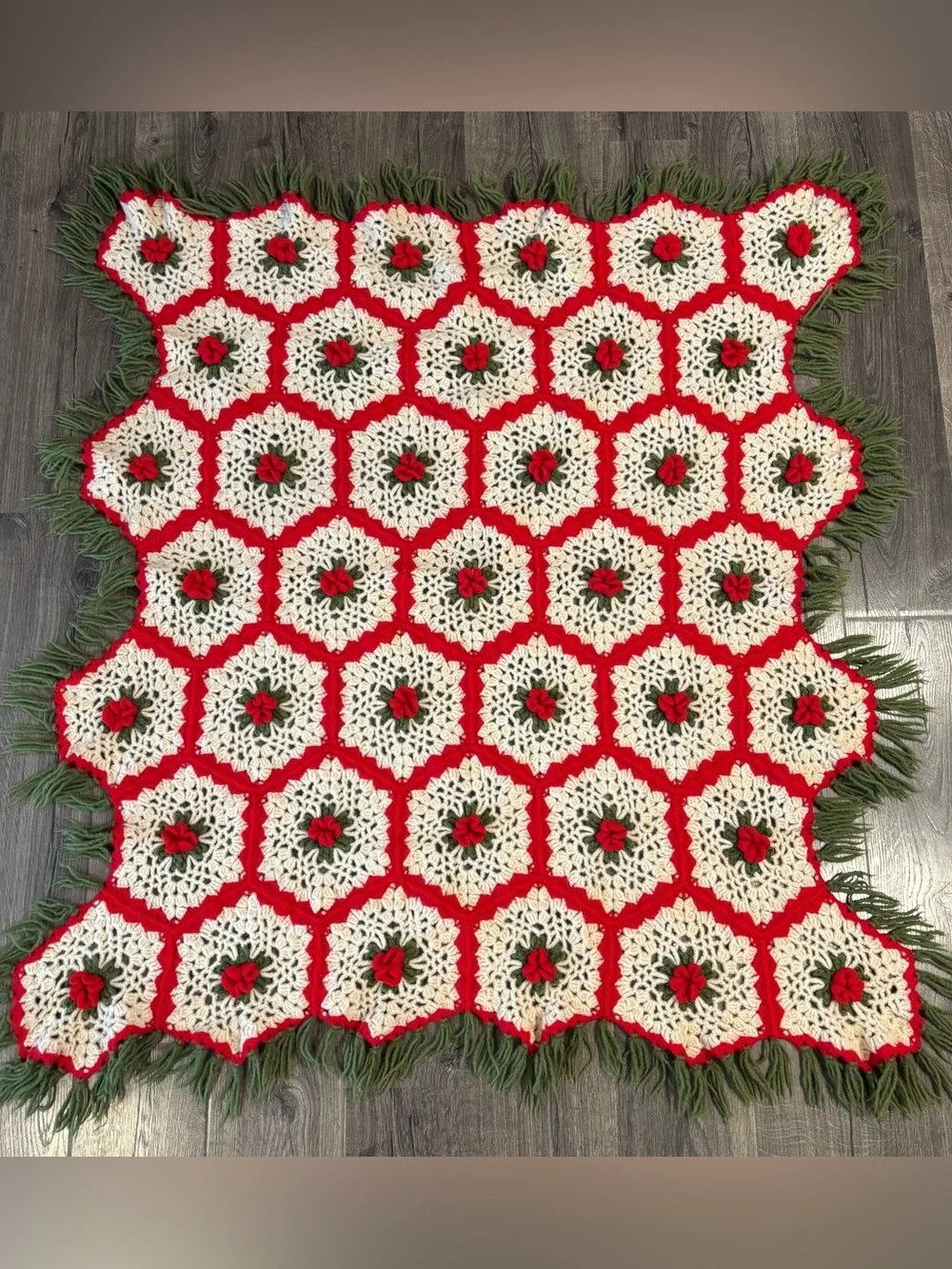 Granny Square Handmade Red, White & Green Holiday Mistletoe? Crochet Throw